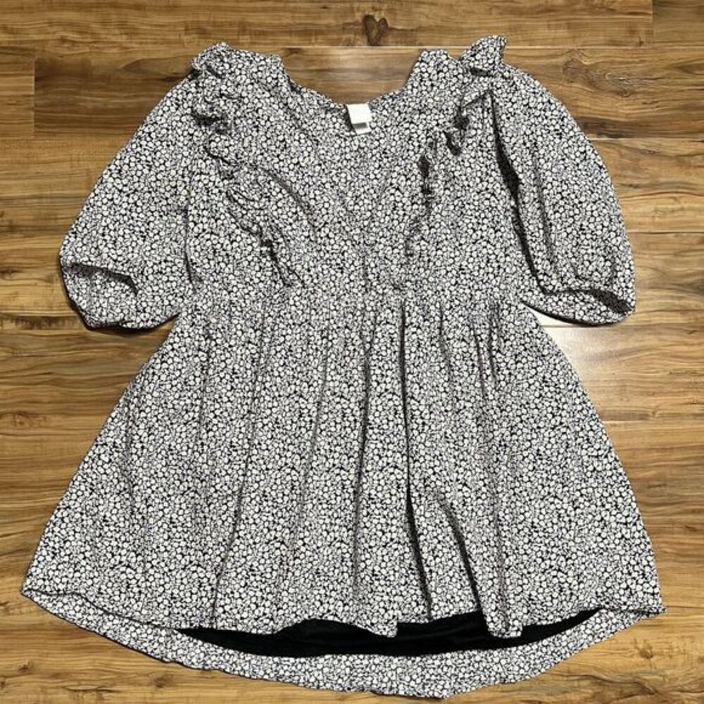H&M Womens Large Dress Mini Black White Yellow‎ Floral Puff Sleeve Faux Wrap